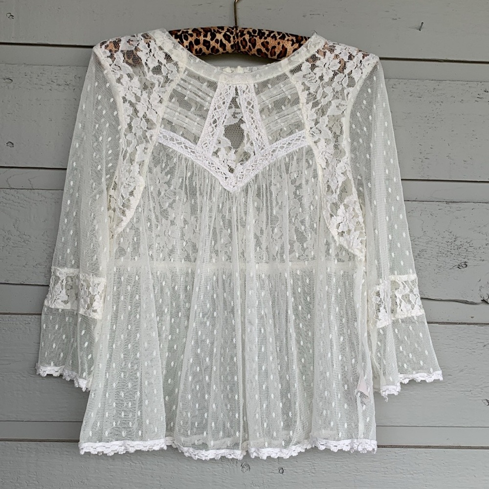 FREE PEOPLE BOHO IVORY/OFF WHITE MODERN ROMANCE SHEER LACE TOP - Picture 12 of 13